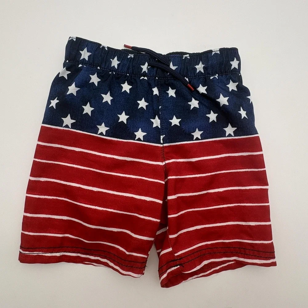 Old Navy Swim Shorts Boys 4T Multicolor USA Flag Stars Elastic Waist Summer